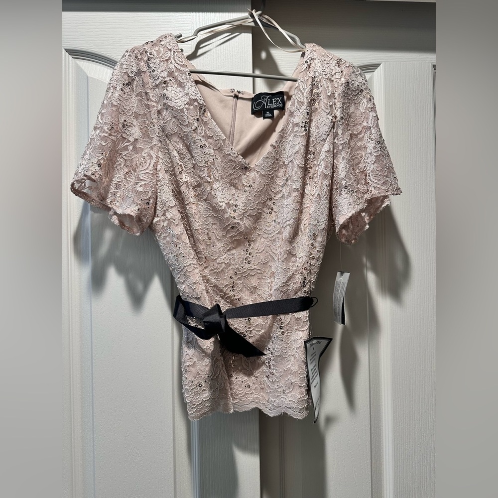 NWT Alex, evenings, taupe, sequined blouse, size XL